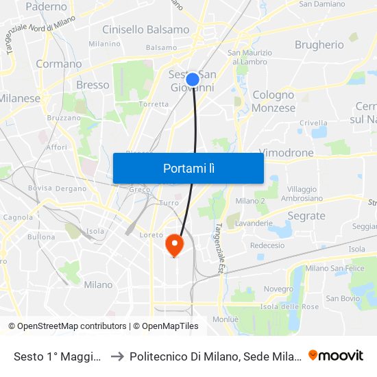 Sesto 1° Maggio FS M1 to Politecnico Di Milano, Sede Milano Leonardo map