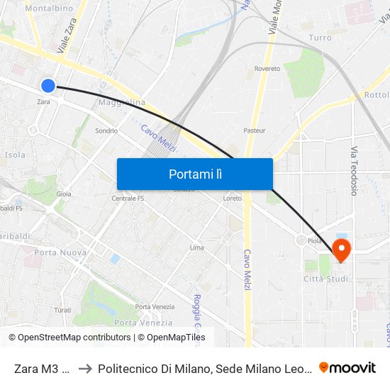 Zara M3 M5 to Politecnico Di Milano, Sede Milano Leonardo map