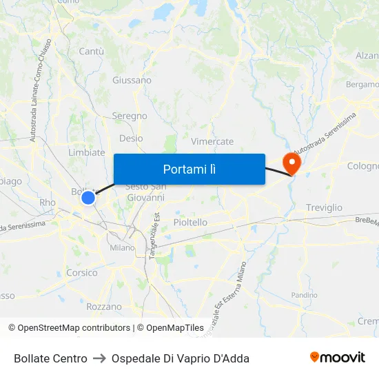 Bollate Centro to Ospedale Di Vaprio D'Adda map