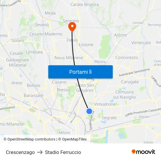 Crescenzago to Stadio Ferruccio map