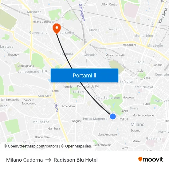 Milano Cadorna to Radisson Blu Hotel map