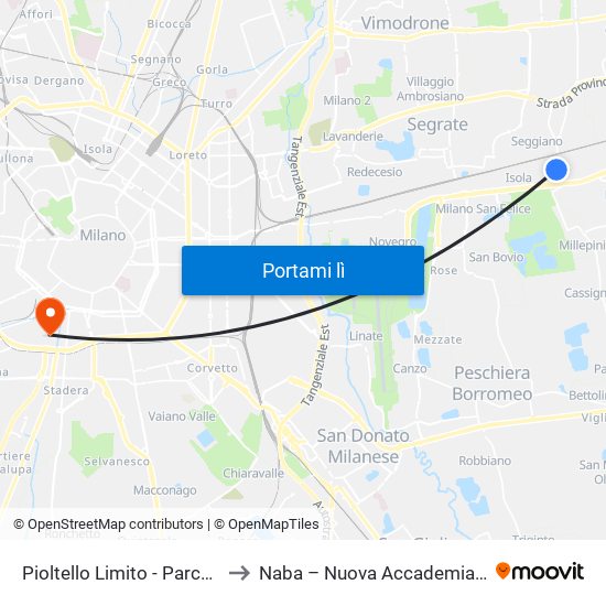 Pioltello Limito - Parcheggio Via Monza to Naba – Nuova Accademia Di Belle Arti Milano map