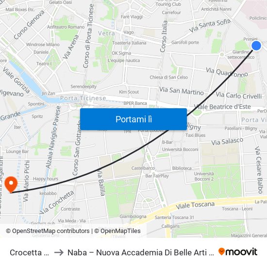 Crocetta M3 to Naba – Nuova Accademia Di Belle Arti Milano map