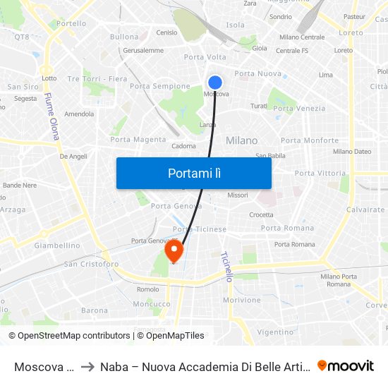 Moscova M2 to Naba – Nuova Accademia Di Belle Arti Milano map