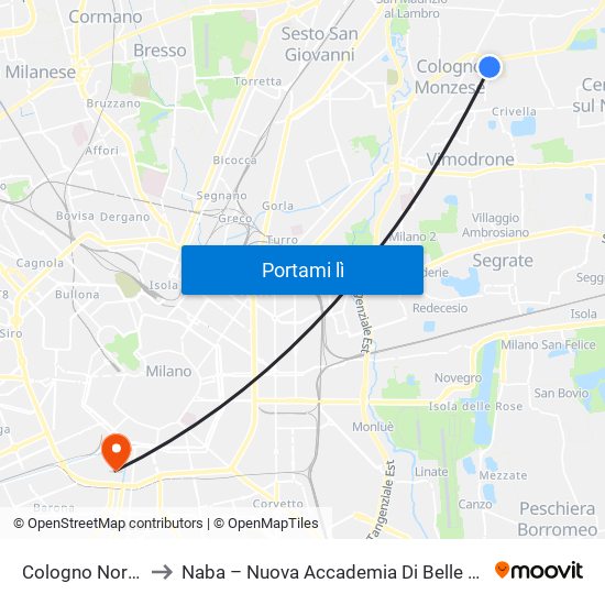 Cologno Nord M2 to Naba – Nuova Accademia Di Belle Arti Milano map