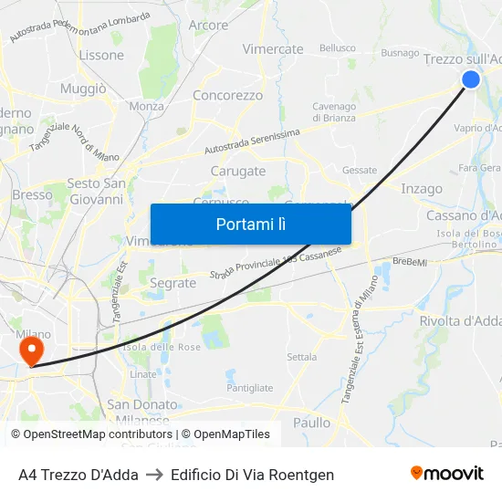 A4 Trezzo D'Adda to Edificio Di Via Roentgen map