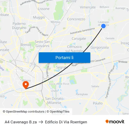 A4 Cavenago B.za to Edificio Di Via Roentgen map