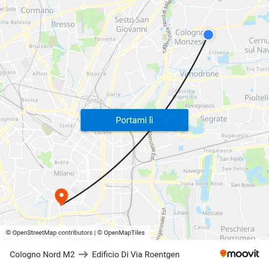 Cologno Nord M2 to Edificio Di Via Roentgen map