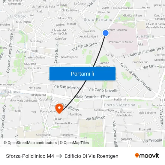 Sforza-Policlinico M4 to Edificio Di Via Roentgen map