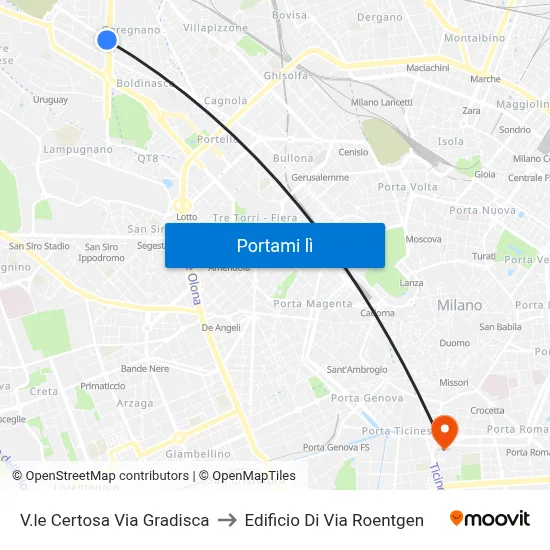 V.le Certosa Via Gradisca to Edificio Di Via Roentgen map