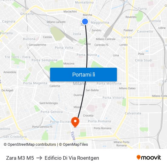 Zara M3 M5 to Edificio Di Via Roentgen map