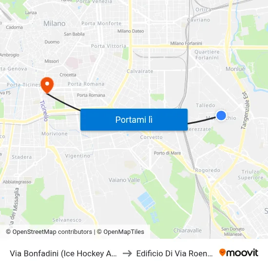 Via Bonfadini (Ice Hockey Arena) to Edificio Di Via Roentgen map