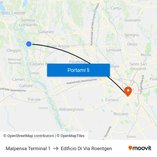 Malpensa Terminal 1 to Edificio Di Via Roentgen map