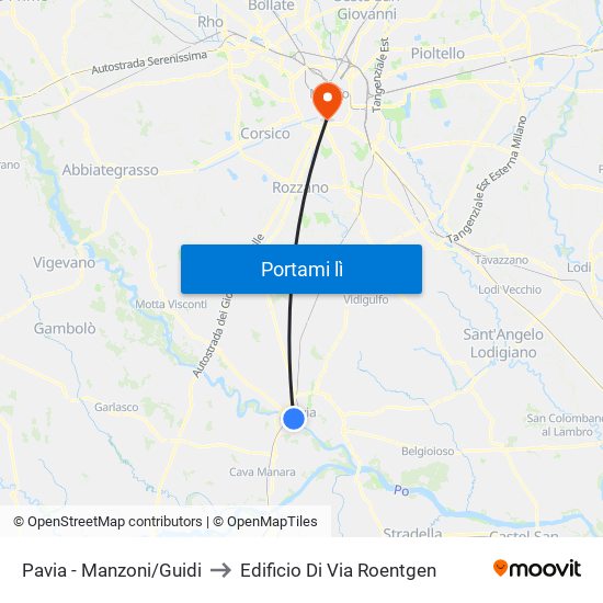 Pavia - Manzoni/Guidi to Edificio Di Via Roentgen map