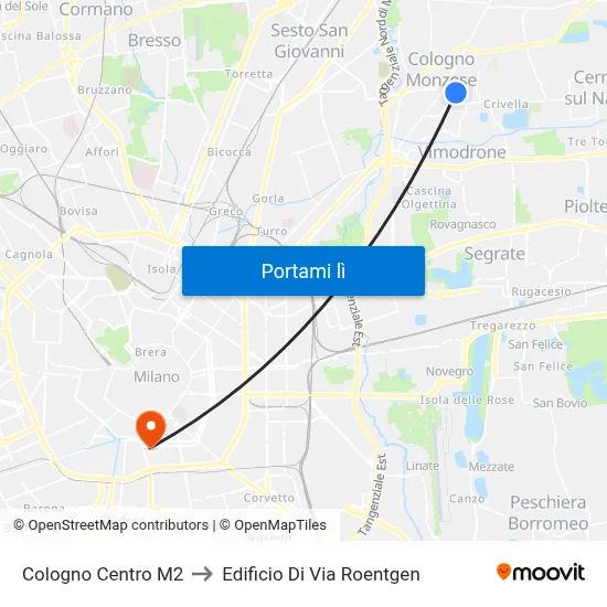 Cologno Centro M2 to Edificio Di Via Roentgen map