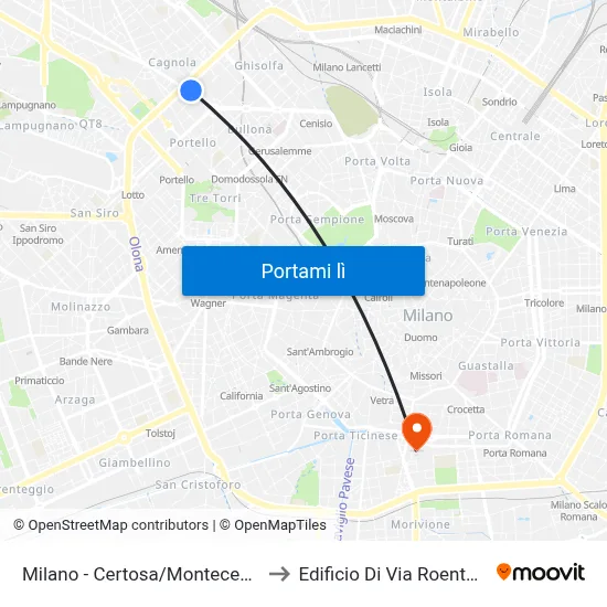 Milano -  Certosa/Monteceneri to Edificio Di Via Roentgen map