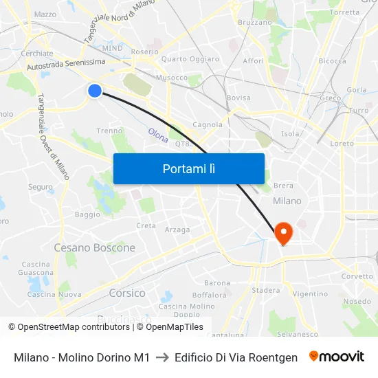Milano -  Molino Dorino M1 to Edificio Di Via Roentgen map