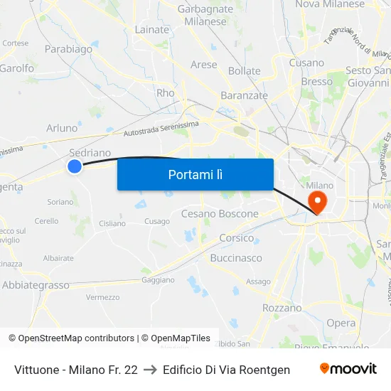 Vittuone -  Milano Fr. 22 to Edificio Di Via Roentgen map