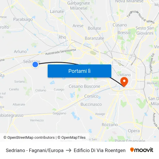 Sedriano -  Fagnani/Europa to Edificio Di Via Roentgen map