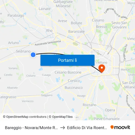 Bareggio -  Novara/Monte Rosa to Edificio Di Via Roentgen map