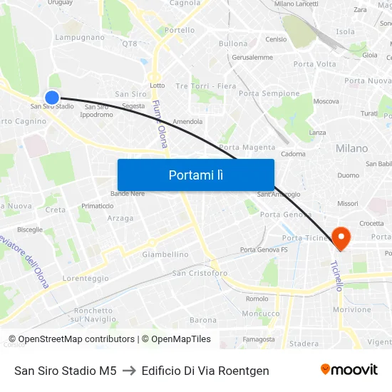 San Siro Stadio M5 to Edificio Di Via Roentgen map