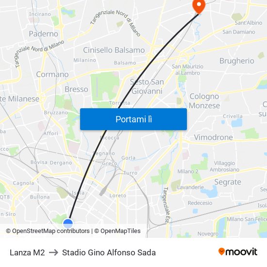 Lanza M2 to Stadio Gino Alfonso Sada map