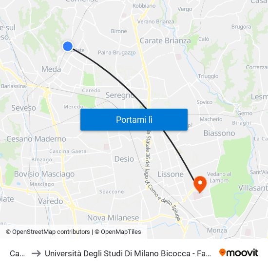 Cabiate to Università Degli Studi Di Milano Bicocca - Facoltà Di Medicina E Chirurgia map