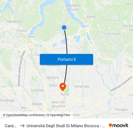 Canzo-Asso to Università Degli Studi Di Milano Bicocca - Facoltà Di Medicina E Chirurgia map