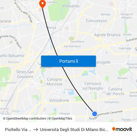 Pioltello Via Mozart/Milano to Università Degli Studi Di Milano Bicocca - Facoltà Di Medicina E Chirurgia map