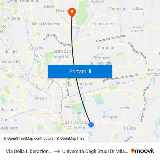 Via Della Liberazione Via Melegnano (Peschiera B.) to Università Degli Studi Di Milano Bicocca - Facoltà Di Medicina E Chirurgia map