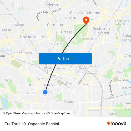 Tre Torri to Ospedale Bassini map