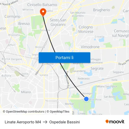 Linate Aeroporto M4 to Ospedale Bassini map