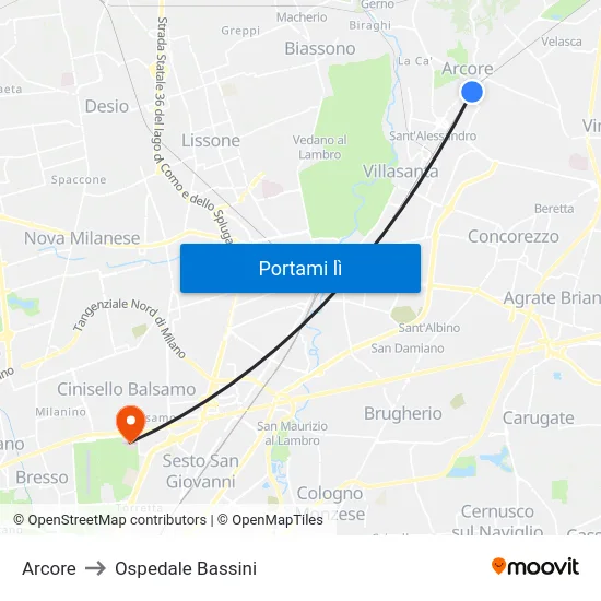Arcore to Ospedale Bassini map