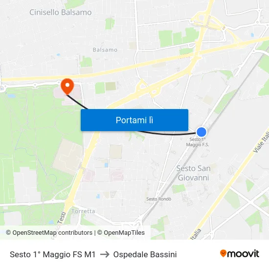 Sesto 1° Maggio FS M1 to Ospedale Bassini map