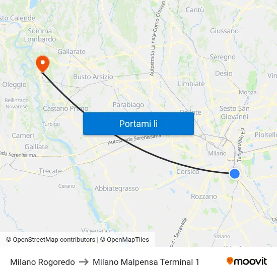 Milano Rogoredo to Milano Malpensa Terminal 1 map