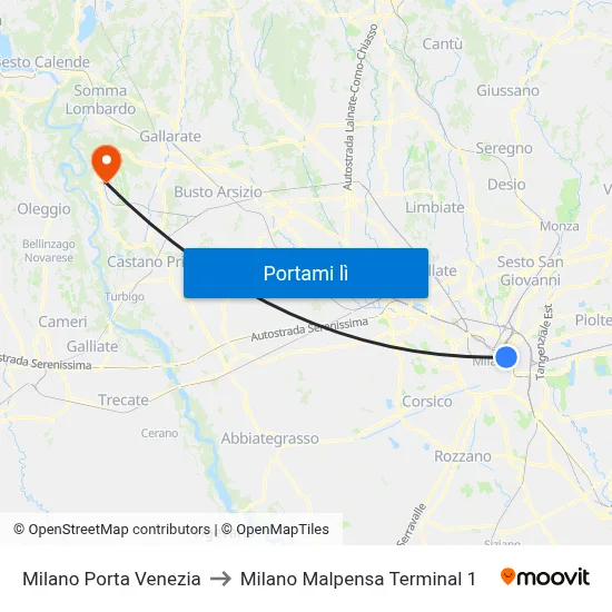 Milano Porta Venezia to Milano Malpensa Terminal 1 map