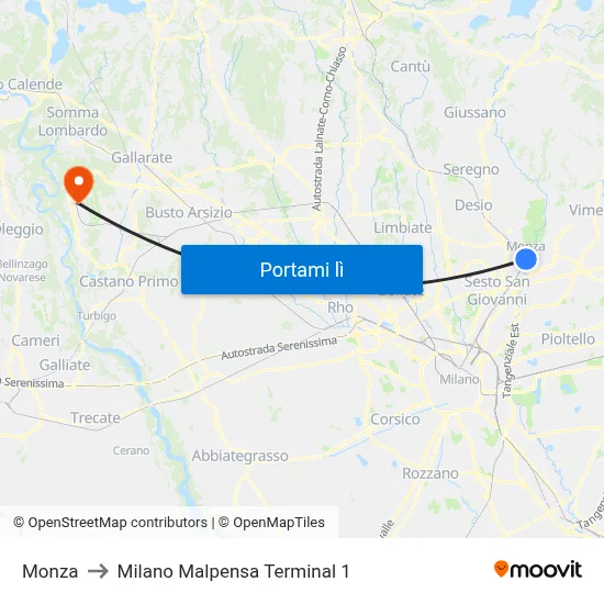 Monza to Milano Malpensa Terminal 1 map