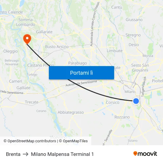 Brenta to Milano Malpensa Terminal 1 map