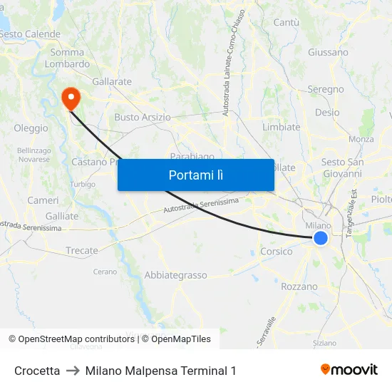 Crocetta to Milano Malpensa Terminal 1 map