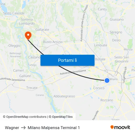 Wagner to Milano Malpensa Terminal 1 map
