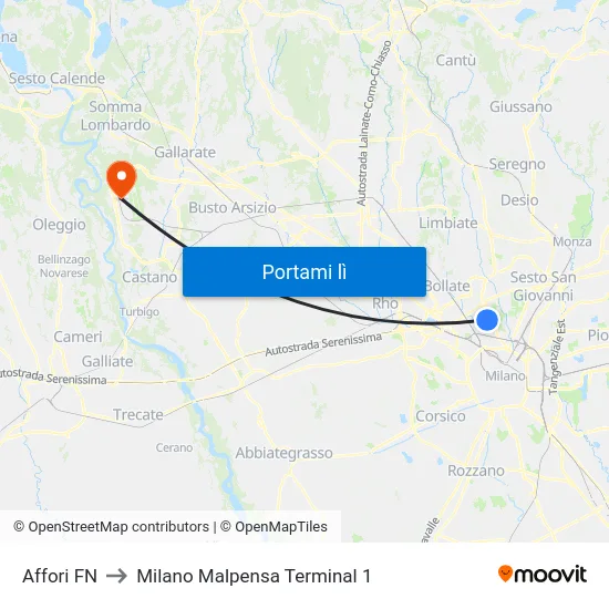 Affori FN to Milano Malpensa Terminal 1 map