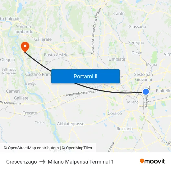 Crescenzago to Milano Malpensa Terminal 1 map