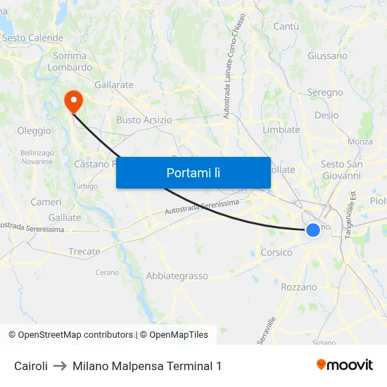 Cairoli to Milano Malpensa Terminal 1 map