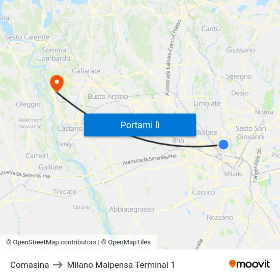 Comasina to Milano Malpensa Terminal 1 map