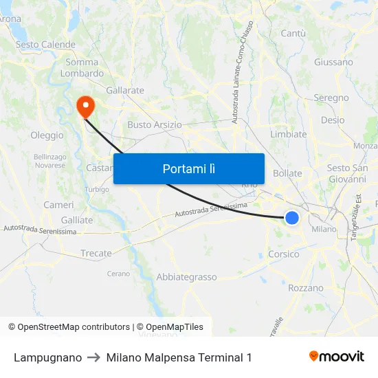 Lampugnano to Milano Malpensa Terminal 1 map