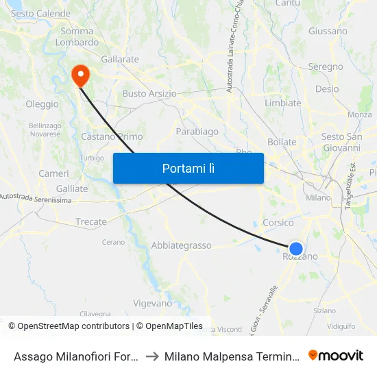 Assago Milanofiori Forum to Milano Malpensa Terminal 1 map