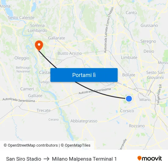 San Siro Stadio to Milano Malpensa Terminal 1 map