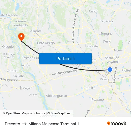 Precotto to Milano Malpensa Terminal 1 map