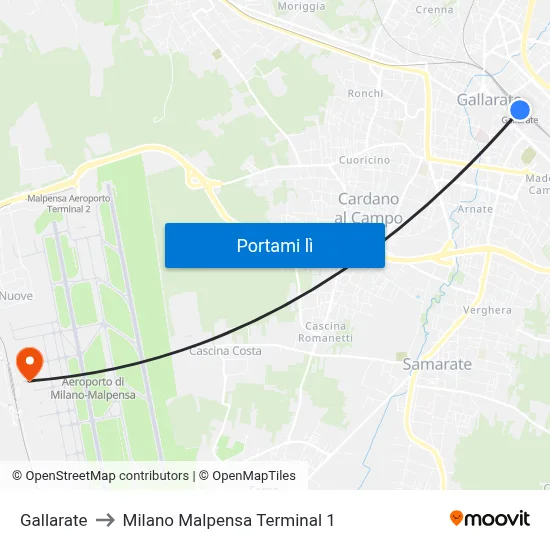 Gallarate to Milano Malpensa Terminal 1 map