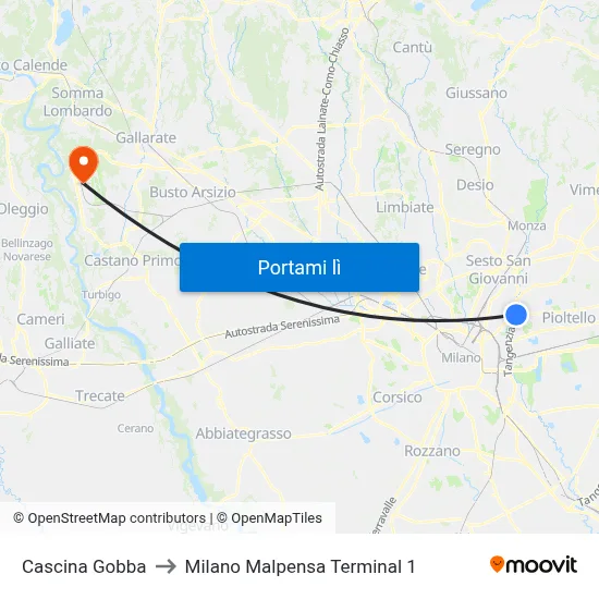 Cascina Gobba to Milano Malpensa Terminal 1 map